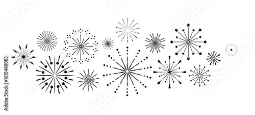 Retro Firework Burst Shapes Collection. Set of black retro firework burst shapes with radial symmetry including starbursts, dotted sunbursts, and abstract vintage explosion design. Vector illustration