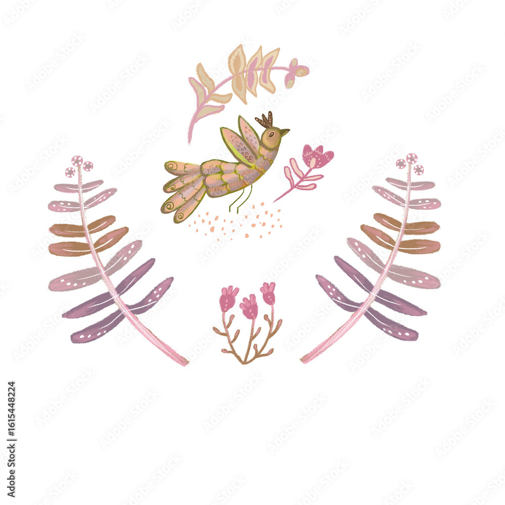 Obraz premium Folk art-inspired illustration featuring a whimsical bird with intricate patterns and delicate botanical elements in muted, earthy tones of pink, green, and brown. Perfect for nature, fantasy.