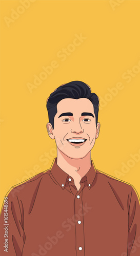 A cheerful young man with dark hair wearing a brown button down shirt smiling broadly against a yellow background