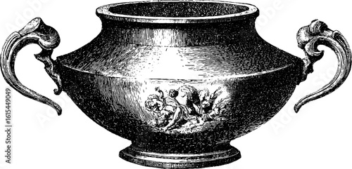 Antique amphora with mythological engraving - vintage hand drawn design for retro decor