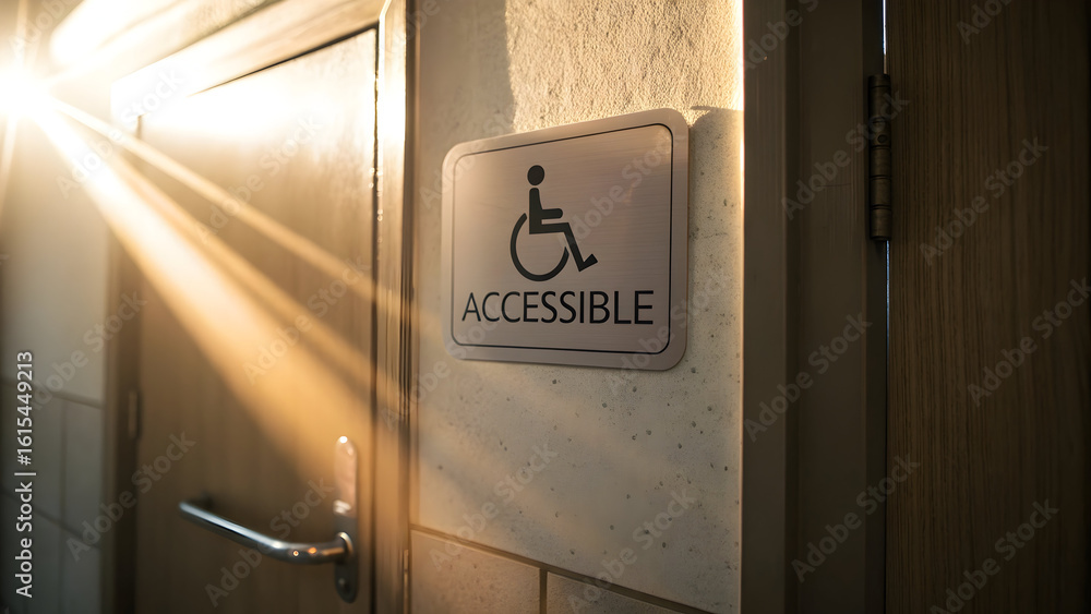 custom made wallpaper toronto digitalWarm sunlight streams through doorway illuminating an accessible restroom sign