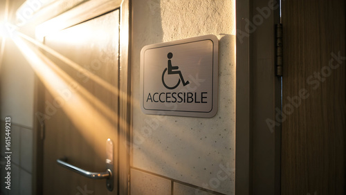 Wallpaper Mural Warm sunlight streams through doorway illuminating an accessible restroom sign Torontodigital.ca