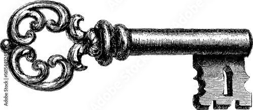 Intricate engraved illustration of vintage antique key with ornate scrollwork design