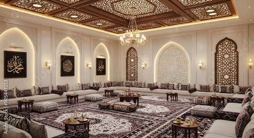 Elegant Arabic majlis interior with traditional seating, ornate wooden ceiling, and Islamic calligraphy.