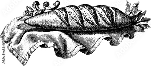 Rustic baguette with flour dust in vintage engraved illustration for design and décor