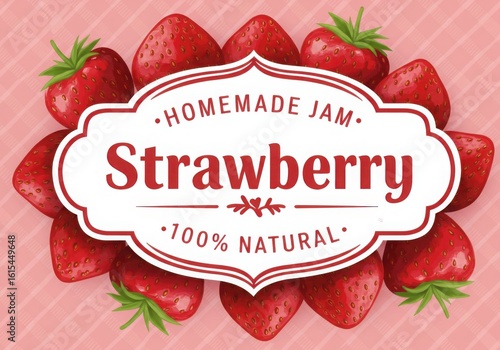Strawberry homemade jam label surrounded by fresh strawberries isolated on white background