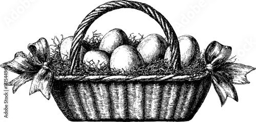 Vintage basket of eggs with straw in hand drawn engraving style - easter decoration design