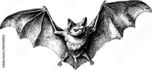 Vintage engraved bat with stretched wings - retro animal art for design