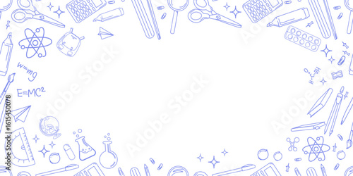 Hand drawn science and school supplies border with doodle style lab equipment, math formulas, and stationery , perfect for educational banners, promo, worksheets, classroom posters.Vector illustration