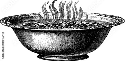 Vintage hand drawn engraving of steaming bowl of lentil stew - retro culinary art for design