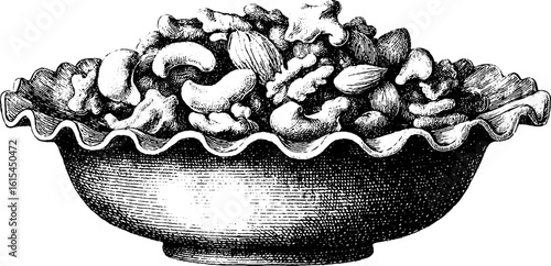 Vintage engraved illustration of a bowl of mixed nuts for design and decor