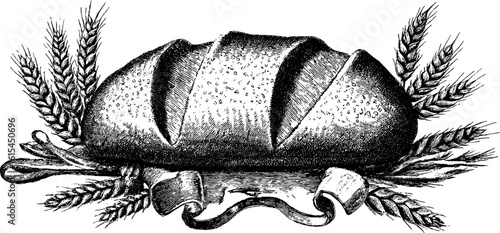 Vintage engraved bread with wheat sketch for retro design and labels