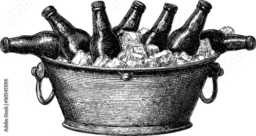 Vintage engraved illustration of ice bucket with bottles for retro design