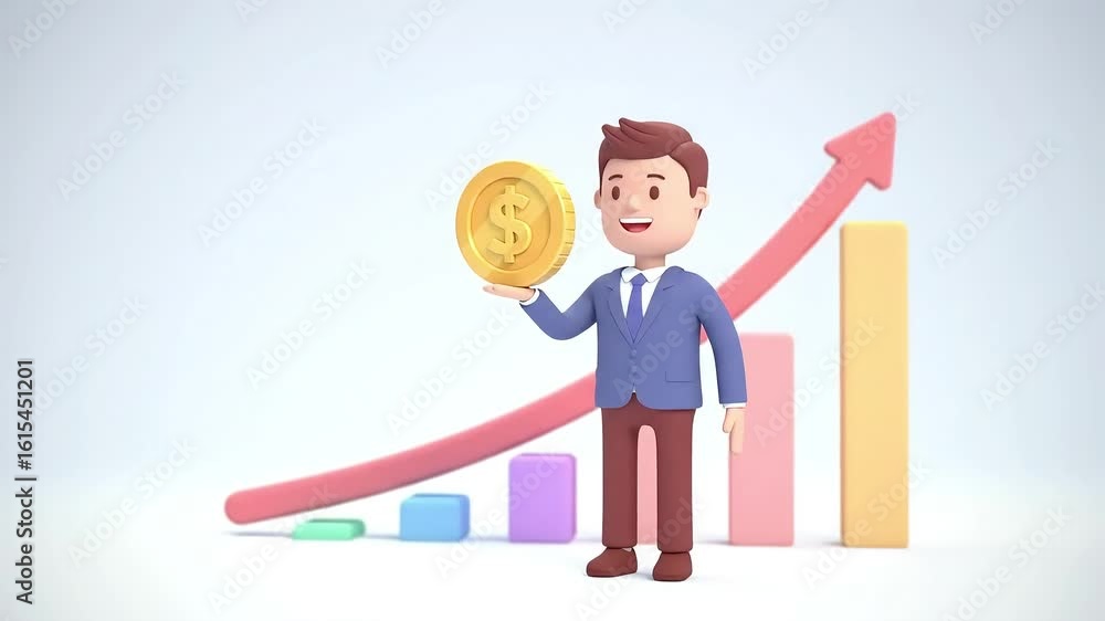 Gold coin and growth graph with 3D cartoon businessman, clean style Gold coin and growth graph with 3D cartoon businessman, clean style