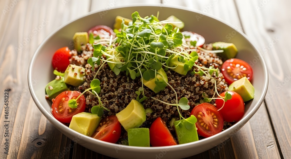 Healthy quinoa bowl with vegetables, herbs, and cherry tomatoes served fresh Healthy quinoa bowl with vegetables, herbs, and cherry tomatoes served fresh