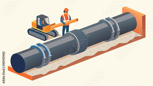 Illustration of a construction worker installing a large pipe with an excavator on a construction site