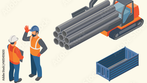 Construction workers with pipes on a machine and a container in a construction site environment