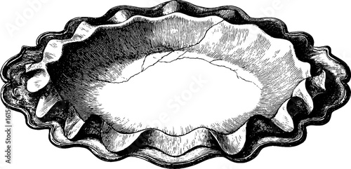 Vintage engraved illustration of chipped porcelain plate for retro decor