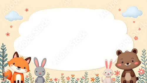 Charming cartoon woodland creatures background with copy space. Fox, bear, and bunnies in a cute design.