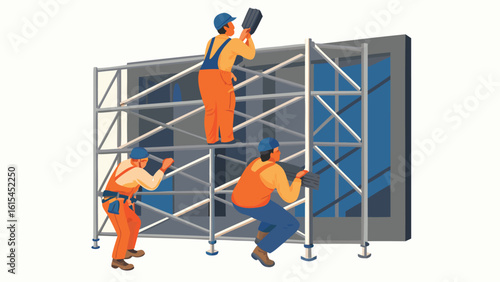 Construction workers on scaffolding installing a large window in a building under construction site