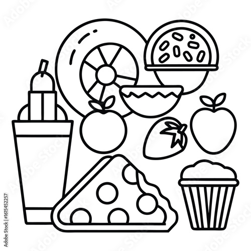 Food icons assortment pizza apple