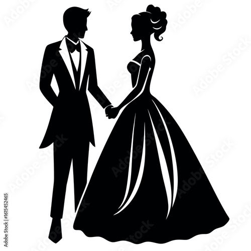 Elegant silhouette of a bride and groom holding hands