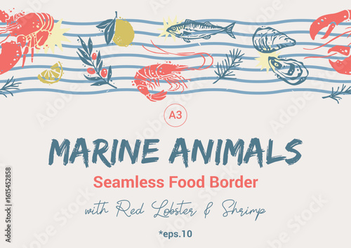 Marine Animals Repeated Borfer with Red Lobster and Shrimp. Trendy Coastal Seamless Pattern