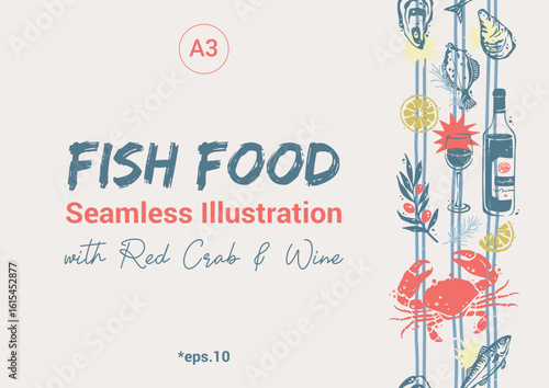 Fish Food Continuous Border with Red Crab and Wine. Trendy Mediterranean Vertical Seamless Pattern