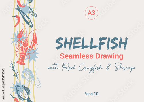 Shellfish Seamless Border with Red Crayfish and Wine. Trendy Mediterranean Vertical Pattern A3