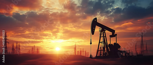 Silhouette of an oil pump at sunset, fiery sky, landscape, energy industry, pumpjack, machinery, extraction, petroleum, fuel, natural resources, rural setting
