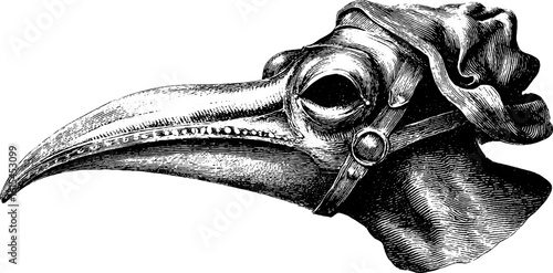 Intricately engraved illustration of plague doctor mask concept with long beak for vintage design
