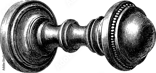 Vintage engraved illustration of worn cupboard knob for retro design projects