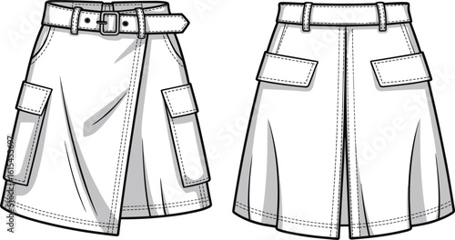 Asymmetric cargo skirt with belt, flap pockets, front and back flat vector CAD drawing, casual and functional fashion apparel