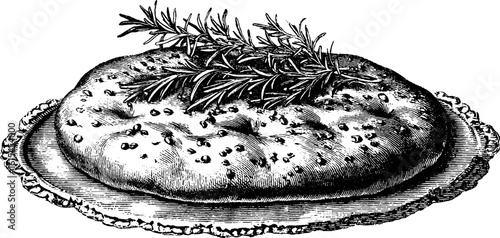 Engraved illustration of focaccia topped with rosemary - vintage culinary art for menu design