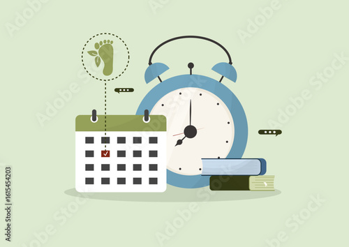 Carbon Footprint Deadline. Alarm clock with calendar and carbon footprint representing environmental deadline management, sustainability scheduling, and eco-friendly time planning. Vector illustration