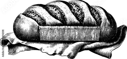 Engraved illustration of freshly baked loaf of bread on cloth for culinary design