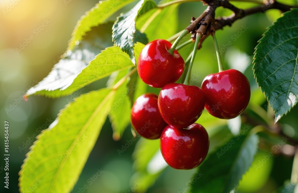 Obraz premium Fresh cherries hanging from a tree branch with green leaves in natural sunlight