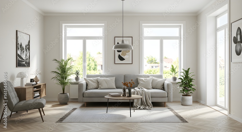 Fototapeta premium Living room features a modern design. Bright, spacious interior with couch, coffee table, decor. Shows elegant minimalism. For interior design, marketing, and web use.