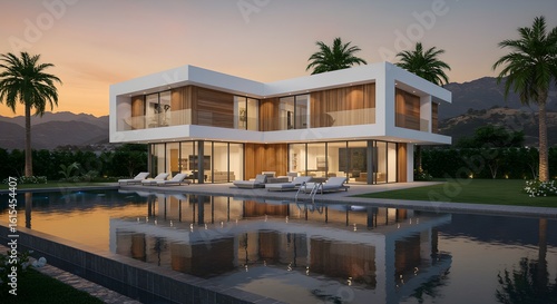 Modern house exterior showcases pool at dusk. Features minimalist design, palms, reflections. Ideal for real estate, architecture, design marketing.