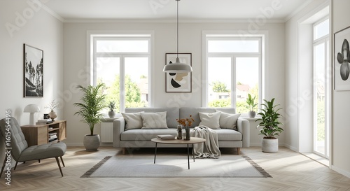 Living room features a modern design. Bright, spacious interior with couch, coffee table, decor. Shows elegant minimalism. For interior design, marketing, and web use.