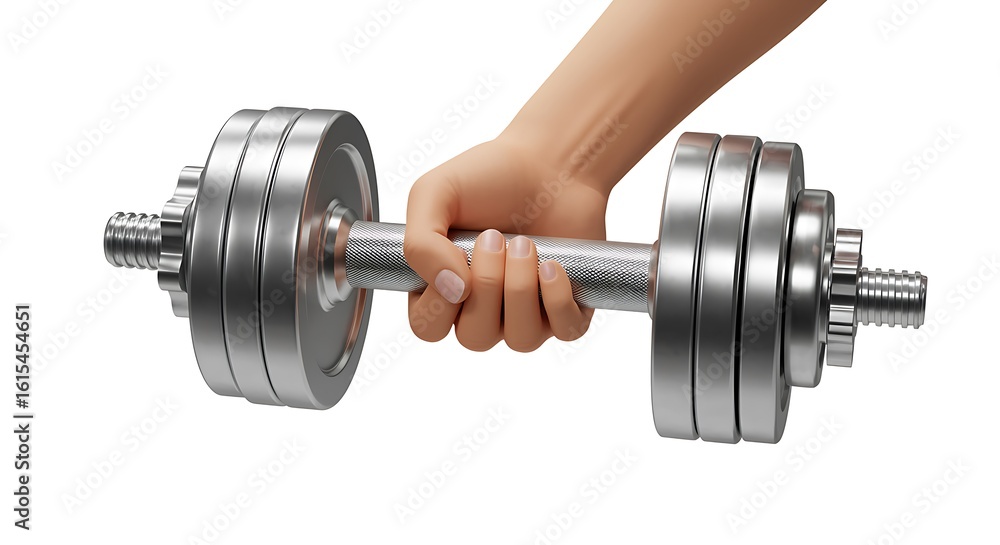 Naklejka premium A hand gripping a silver dumbbell with multiple weights on a white background in a studio shot