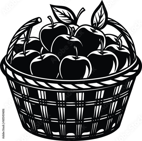 Hand Basket Filled With fresh Apples Silhouette Vector, agriculture, wholesome, handpicked, baskethandle