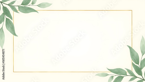 Elegant botanical concept with a golden rectangle frame adorned with green watercolor leaves on a cream background.