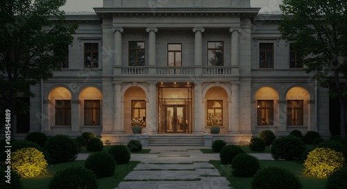 Facade of grand mansion shows architectural details. Concept: Wealth, luxury real estate. Ideal for marketing, editorial, or design.