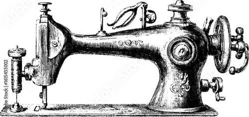Vintage hand crank sewing machine engraving for retro design and craft projects