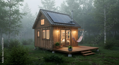 Tiny house features solar panels, hammock, and deck in misty forest. Ideal for design, editorial, and marketing content on sustainable living and eco-friendly homes.