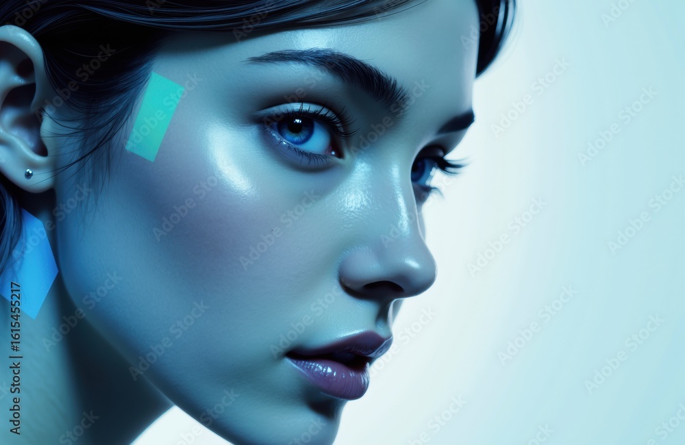 Fototapeta premium A woman with striking blue eyes and glowing skin in a close-up portrait