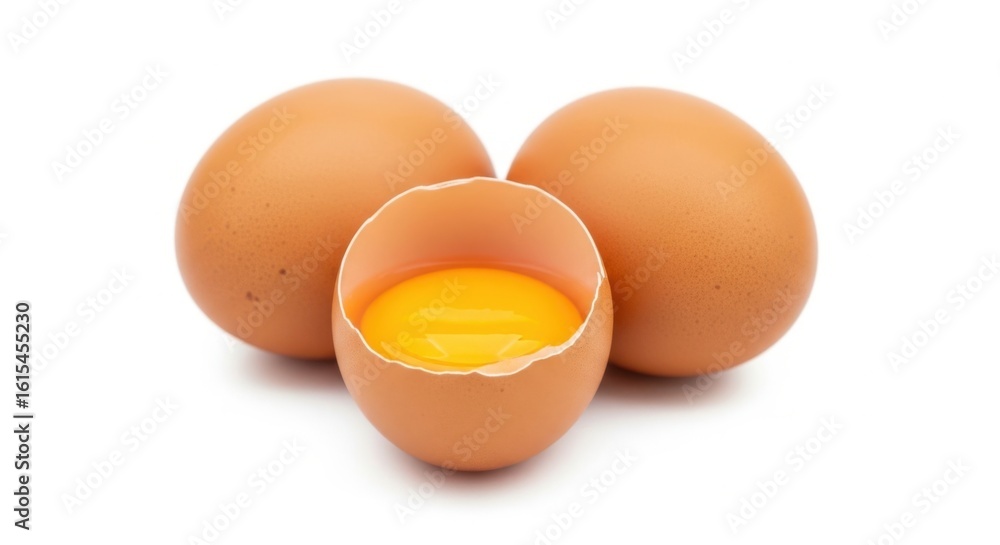 Three Fresh Brown Eggs One Cracked Open Revealing Yolk Three Fresh Brown Eggs One Cracked Open Revealing Yolk