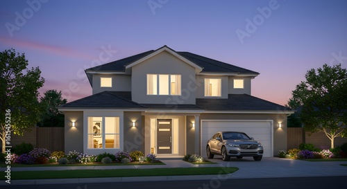 Home exterior shines at twilight. Modern two-story house with car in driveway. Illustrates homeownership, suburban living. For real estate, marketing, web design.