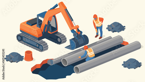 Isometric view of construction site with excavator workers and pipes in a trench for infrastructure work